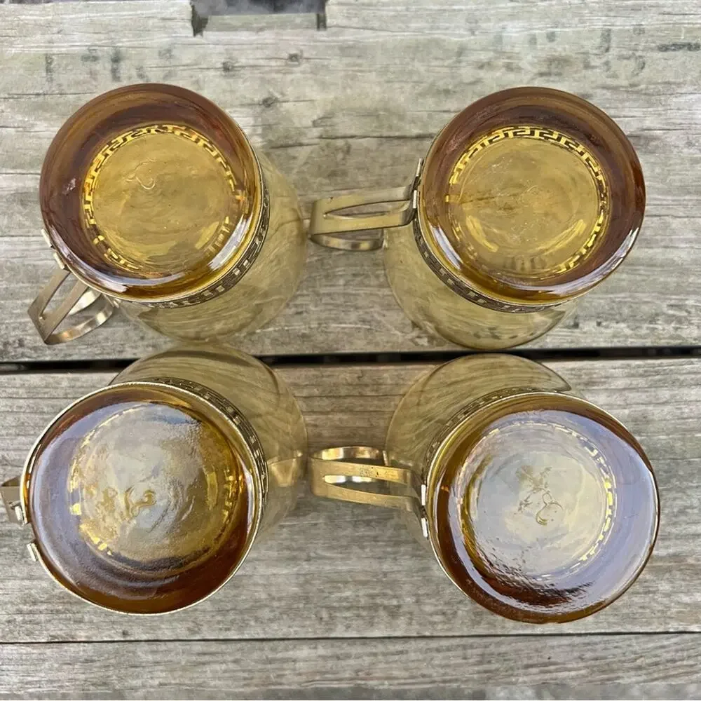 Libbey MCM Greek Key Punch Brass Holder Amber Glass Tiki Glasses Cups Set of 4
